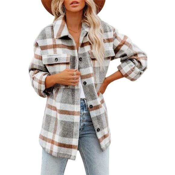 womens plaid flannel shacket long sleeve button down jacket shirt with pockets - Picture 7 of 7